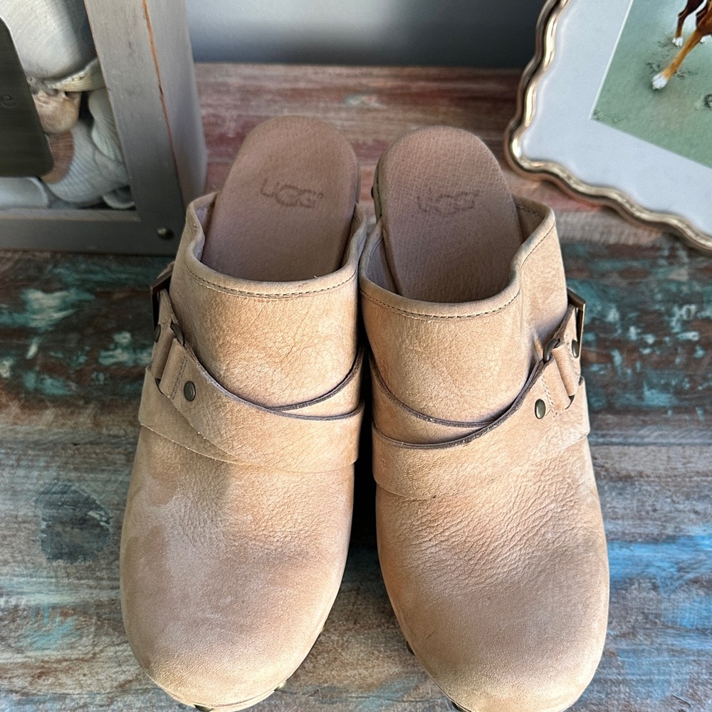 UGG Beige Leather Clogs with Strap